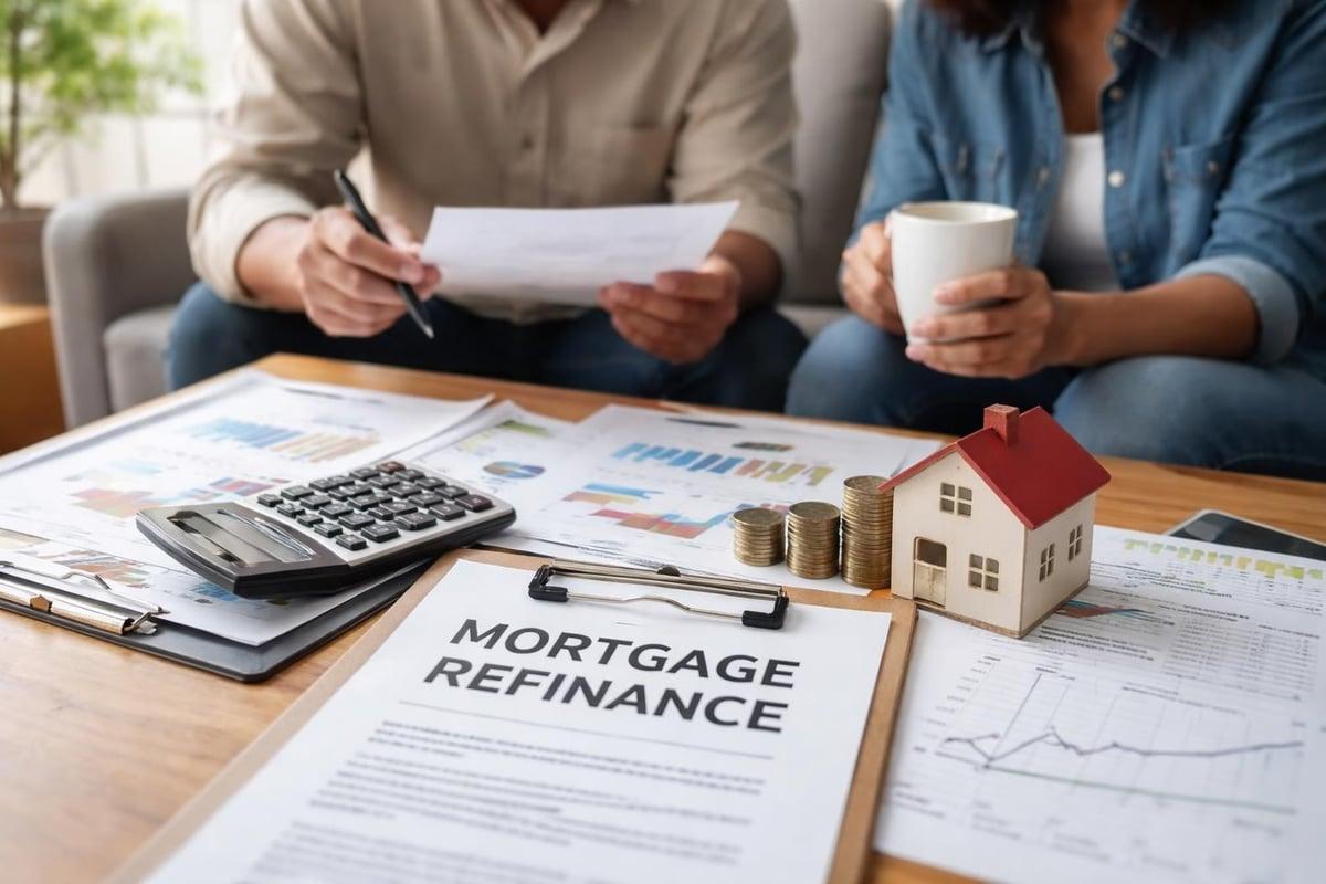 Homeowner comparing mortgage refinancing options and reviewing home loan finances