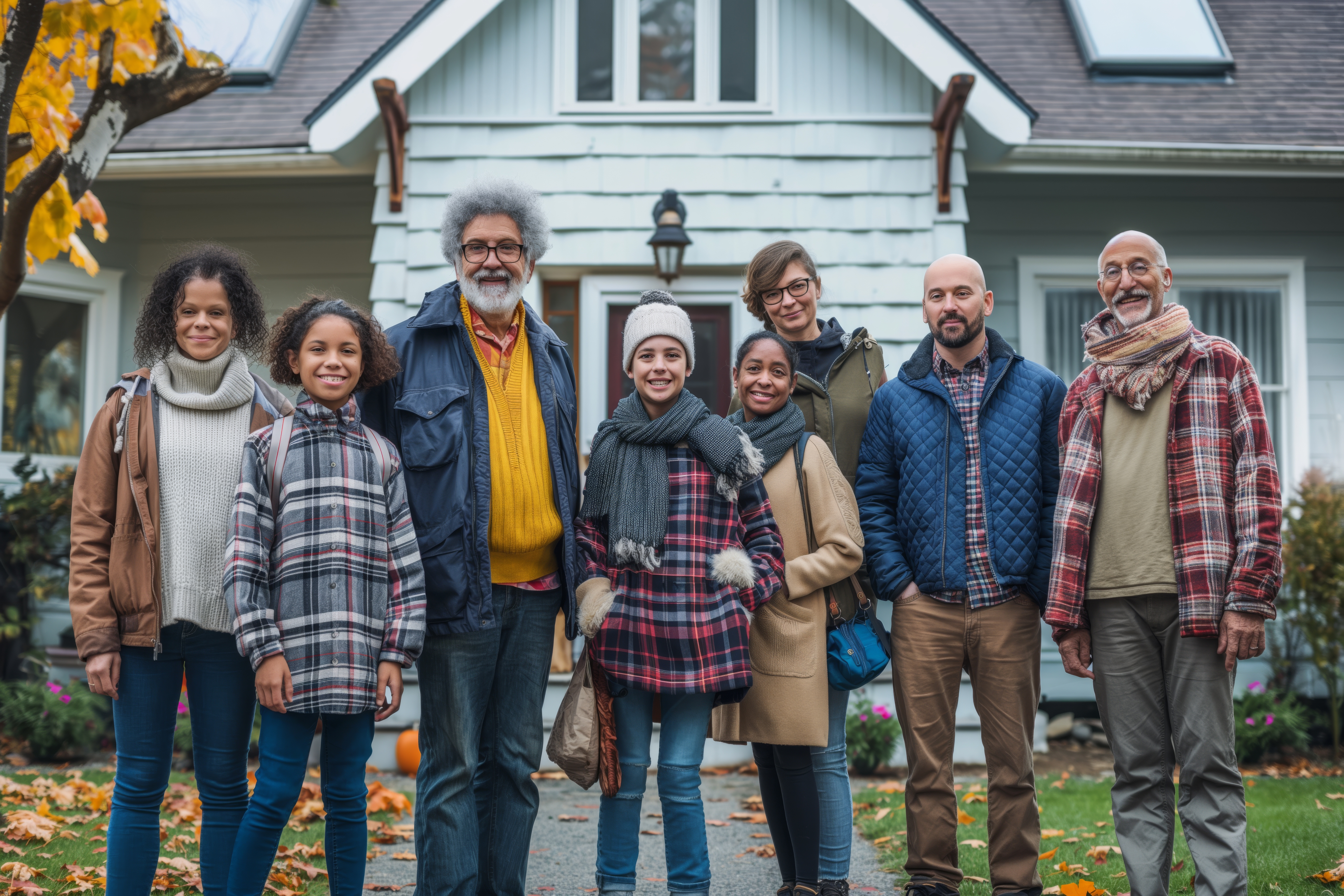 Multi-generational family in front of their new home